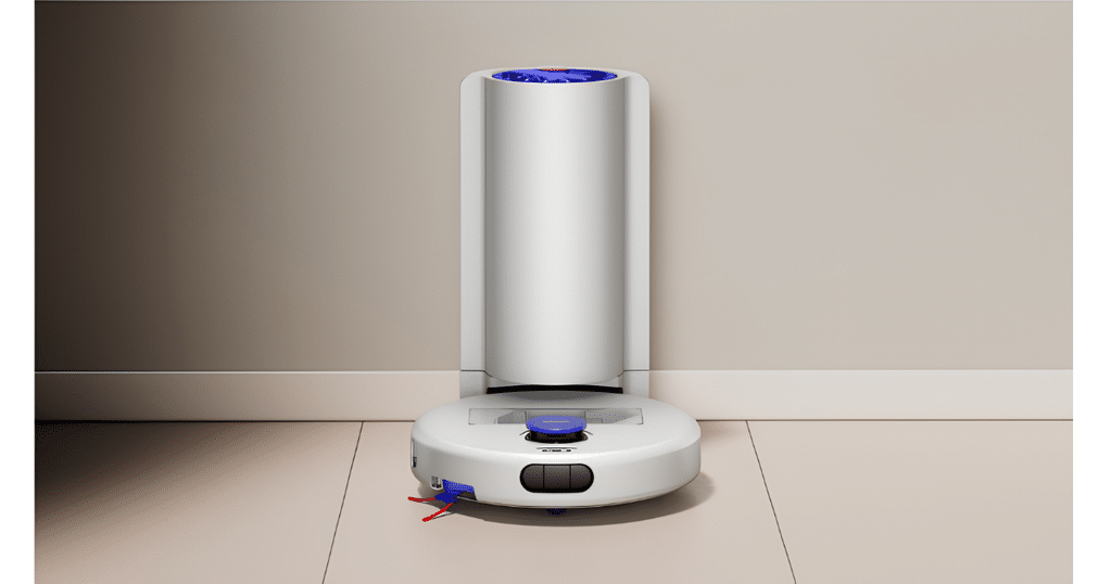 Dyson Nurovi R1 Robot Vacuum | Vacuum Wars Dyson R1 Nurovi Dry robot vacuum positioned in front of its slim dock on a hard floor.