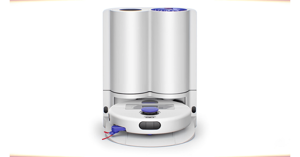 Dyson Nurovi R2 Robot Vacuum | Vacuum Wars Dyson R2 Nurovi Wash+Dry robot vacuum positioned in its tall, bagless cleaning dock.