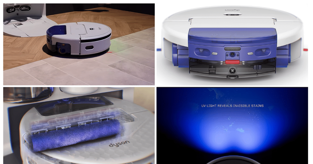 Dyson Nyrovi R3 Features | Vacuum Wars Four views of the Dyson R3 Nurovi Spot+Scrub UV showing the robot in operation, its front sensors, roller mop, and UV-assisted stain detection.