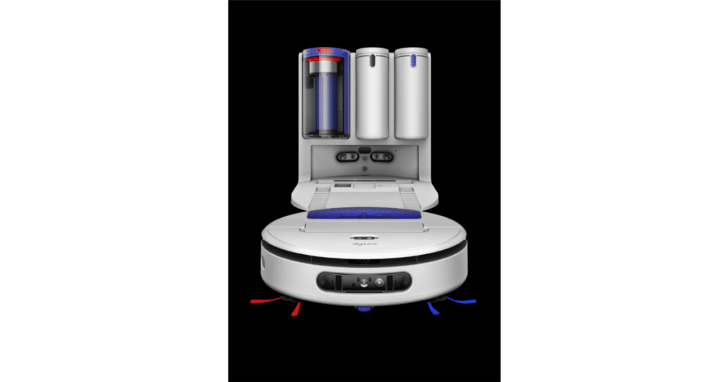 Dyson R3 Nurovi Spot+Scrub UV Robot Vacuum | Vacuum Wars Dyson R3 Nurovi Spot+Scrub UV robot vacuum positioned in front of its cyclonic bagless dock.