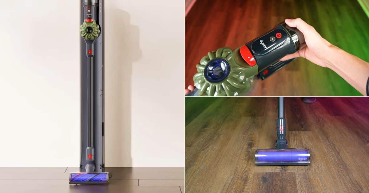| Vacuum Wars Dyson V8 Cyclone shown with its cleaner head, push-button power control, and docking setup.