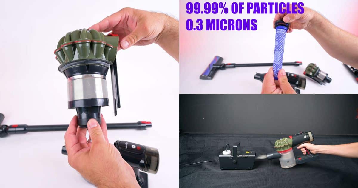 | Vacuum Wars Dyson V8 Cyclone filtration system and filter shown during testing. Dyson claims whole-machine filtration captures 99.99% of particles as small as 0.3 microns, and no visible fog escaped in our test.