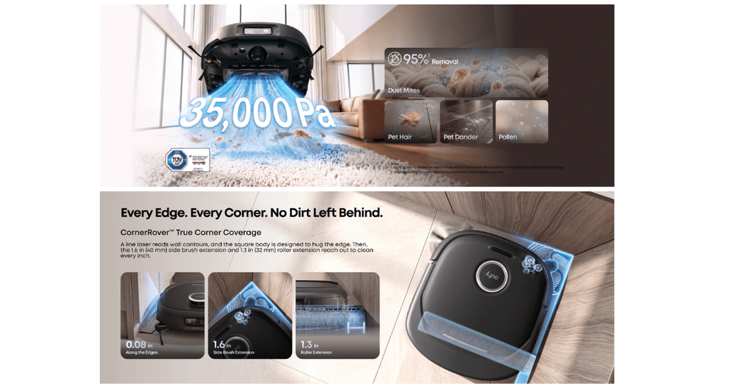Eufy Omni E35 Vacuuming Power | Vacuum Wars Robot vacuum cleaner in a living room with blue airflow and '35,000 Pa'提示, highlighting powerful suction and dust-removal features.