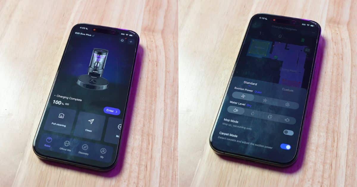 Eureka-E20-Evo-Plus-Review-app | Vacuum Wars Eureka E20 Evo Plus mobile app displayed on two smartphones, showing the cleaning dashboard, home map, and customizable cleaning controls.