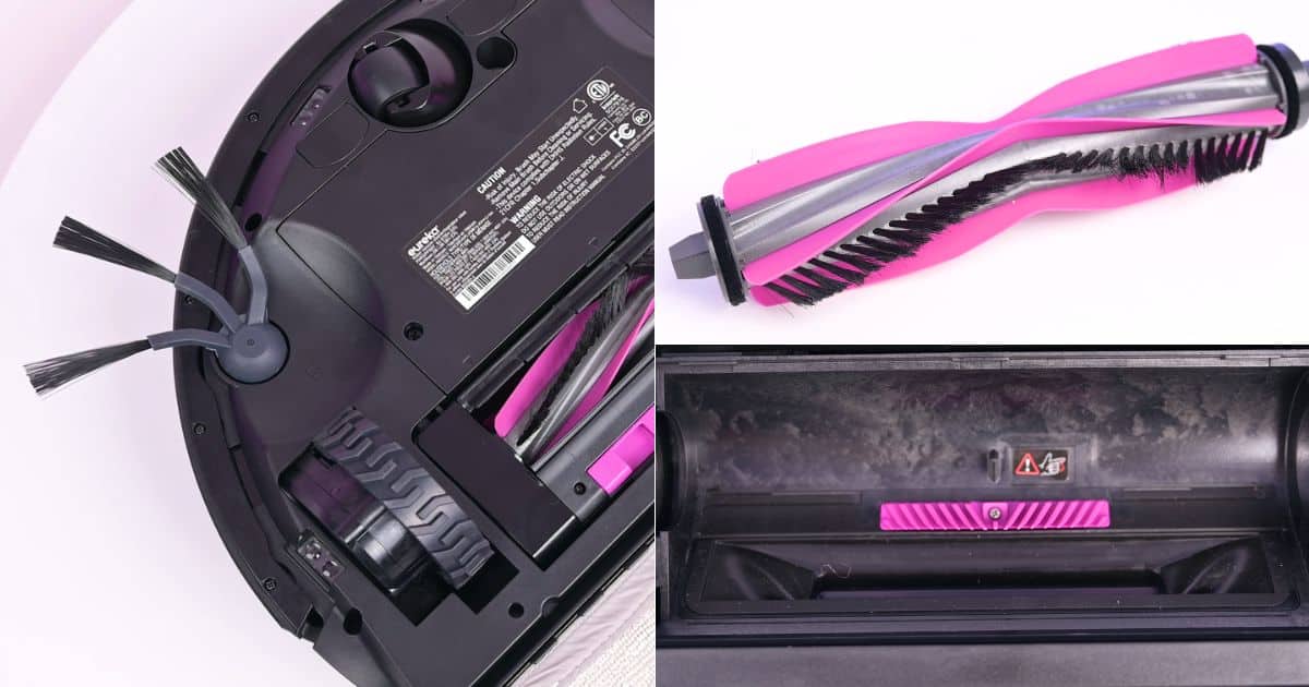 Eureka-E20-Evo-Plus-Review-brush-and-other-pickup-hardware | Vacuum Wars Underside of the Eureka E20 Evo Plus robot vacuum beside close-up views of its V-shaped main brush and brush housing.