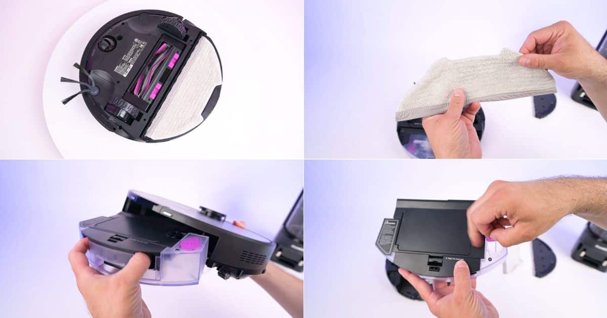 Eureka-E20-Evo-Plus-Review-mopping-system | Vacuum Wars Four views of the Eureka E20 Evo Plus showing its flat mop pad, removable mop cloth, and electronically controlled water tank.