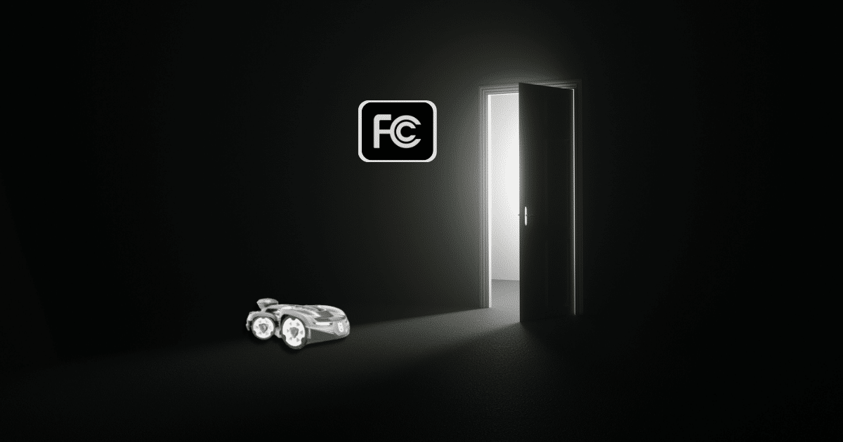 FCC Grants First Conditional Approvals | Vacuum Wars robot lawnmower approaching open doorway with FCC sign