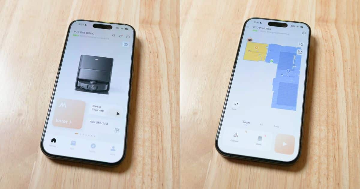 | Vacuum Wars MOVAHome app shown on a smartphone with the MOVA P70 Pro Ultra connected, including the main cleaning controls and room map interface.