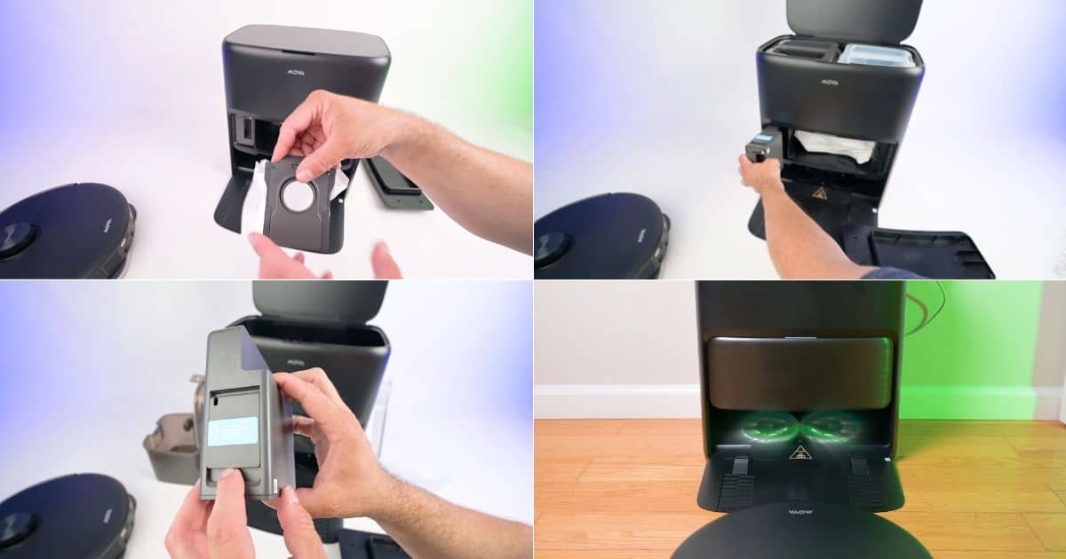 | Vacuum Wars MOVA P70 Pro Ultra automated dock shown with its internal maintenance compartments, removable components, and illuminated mop-washing area.