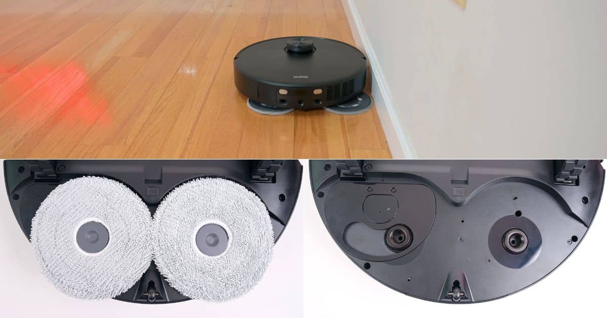 | Vacuum Wars MOVA P70 Pro Ultra mopping along a wall, with close-ups of its dual spinning mop pads and underside showing the extendable edge mop mechanism.