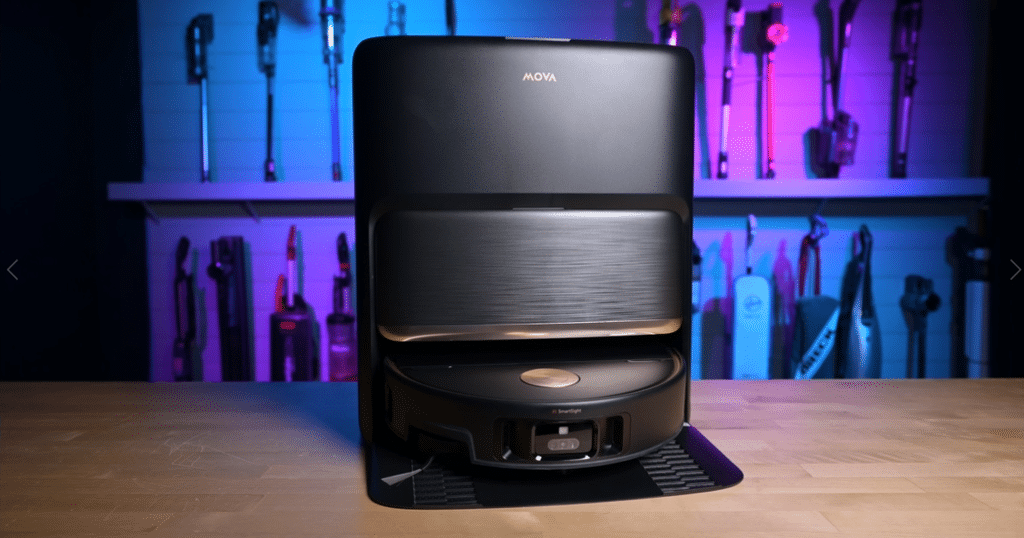 MOVA V70 Ultra Complete at Vacuum Wars | Vacuum Wars MOVA V70 Ultra Complete robot vacuum docked at its bagless multifunction station in the Vacuum Wars testing studio