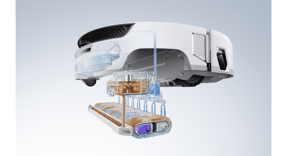 Narwal Flow 20 Flow Wash Mopping System | Vacuum Wars Cutaway illustration of a Narwal robot vacuum showing the FlowWash track-style mop, internal water channels, scraper, and cleaning components beneath the robot.