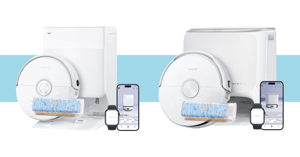 Narwal guide Freo 20 family | Vacuum Wars Two Narwal robotic floor cleaners with docking stations, blue mop pads, and a phone and smartwatch showing the Narwal app nearby.