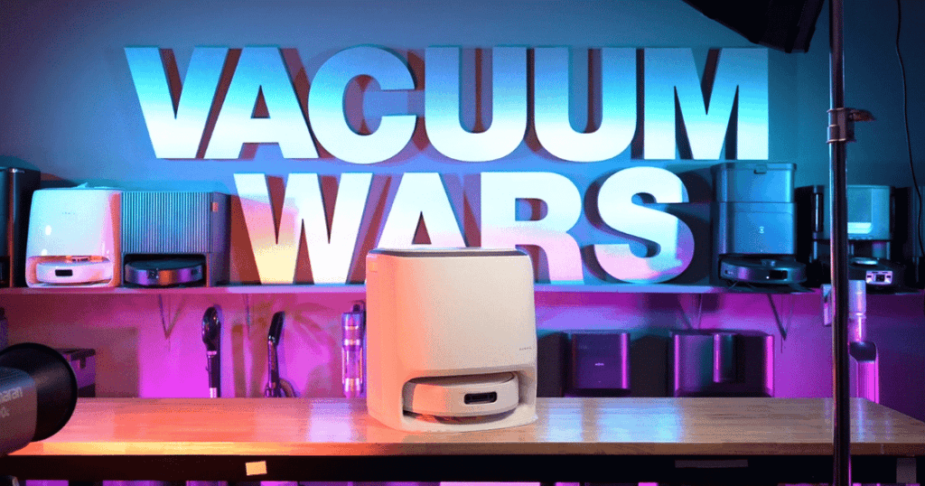 Narwal guide Freo 20 studio 1 | Vacuum Wars White retro-style vacuum placed on a wooden table with a neon-lit tech setup and a large 'VACUUM WARS' sign in the background.