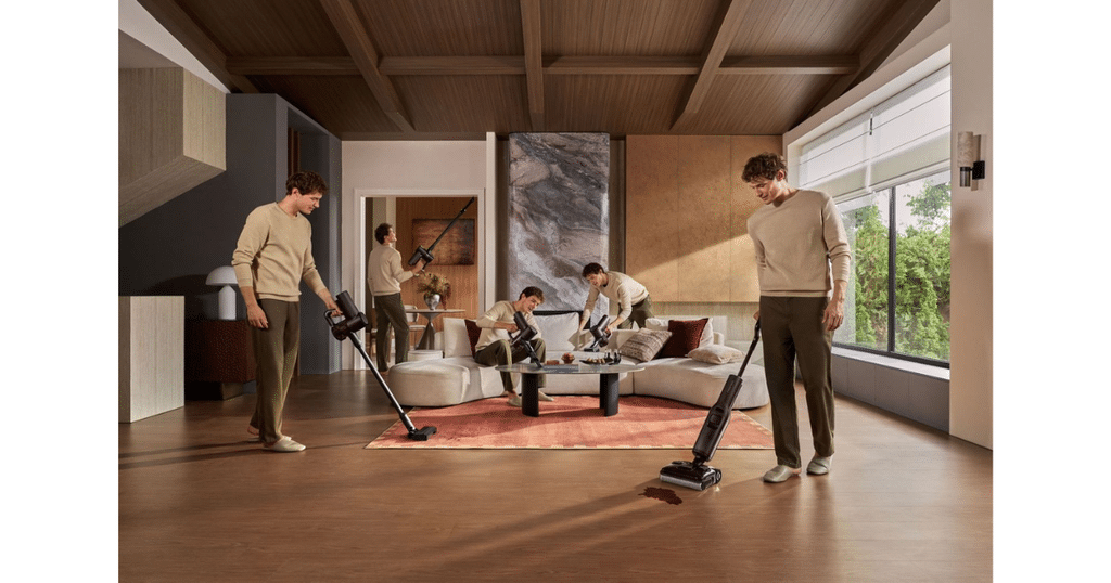 Roborock F25 Pro Turbo Combo at Home | Vacuum Wars Promotional composite showing the Roborock F25 Pro Turbo Combo being used as a cordless stick vacuum and a wet-dry floor cleaner in a living room.