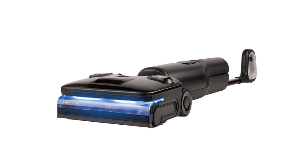 Roborock F25 Ultra Steam Gen 2 | Vacuum Wars Black Roborock F25 Ultra Steam Gen 2 wet-dry floor cleaner shown in its low-profile, lay-flat position with a blue illuminated cleaning head.