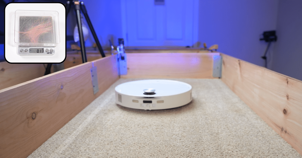 Roborock Qrevo Edge 3 Pro Carpet Tests at Vacuum Wars | Vacuum Wars Roborock Qrevo Edge 3 Pro robot vacuum undergoing Vacuum Wars’ pet-hair pickup test on carpet, with an inset showing the collected hair.