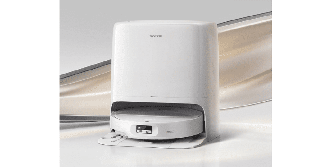 Roborock Qrevo Edge 3 Pro Robot Vacuum and Mop Combo | Vacuum Wars White Roborock Qrevo Edge 3 Pro robot vacuum and mop positioned in front of its multifunctional dock.