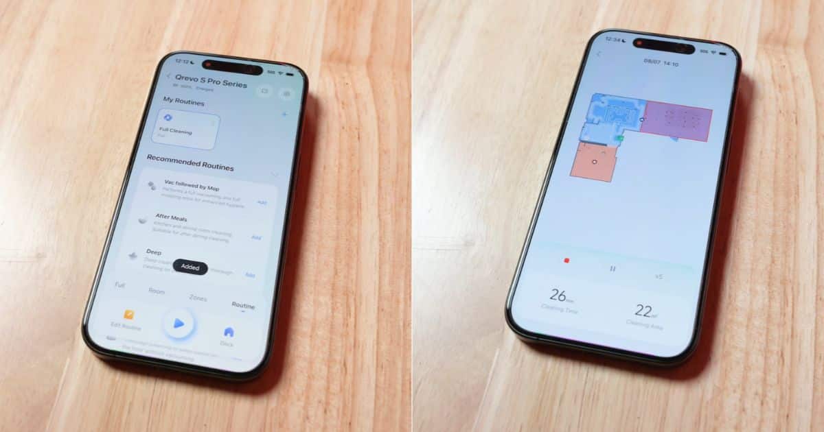 | Vacuum Wars Roborock app shown on a smartphone with Qrevo S Pro cleaning routines, room mapping, and active cleaning progress.