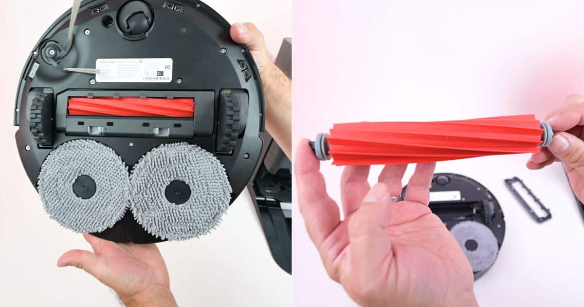 | Vacuum Wars Roborock Qrevo S Pro underside showing its single rubber main brush, fixed side brush, and dual spinning mop pads. A close-up shows the removable rubber brush.