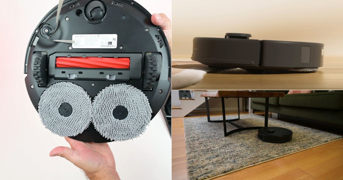 | Vacuum Wars Roborock Qrevo S Pro underside showing its dual spinning mop pads, plus side views of the robot moving between hard flooring and carpet.