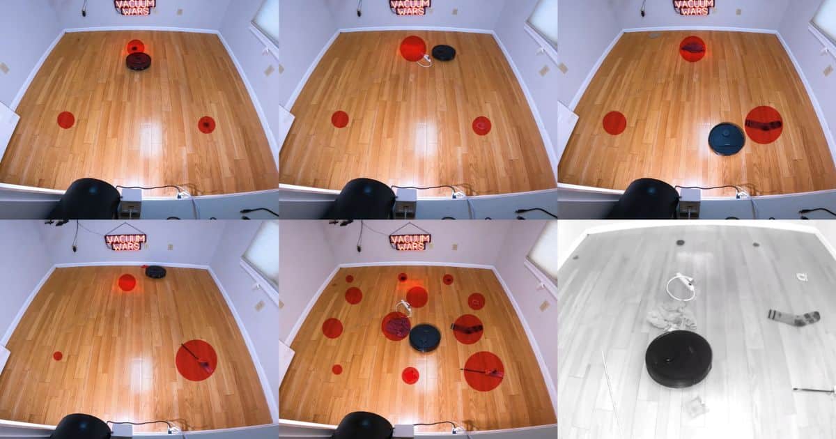 | Vacuum Wars Roborock Qrevo S Pro obstacle-avoidance testing with household objects placed around the floor. The robot avoided 5 of 24 possible obstacles, compared with a category average of 16.
