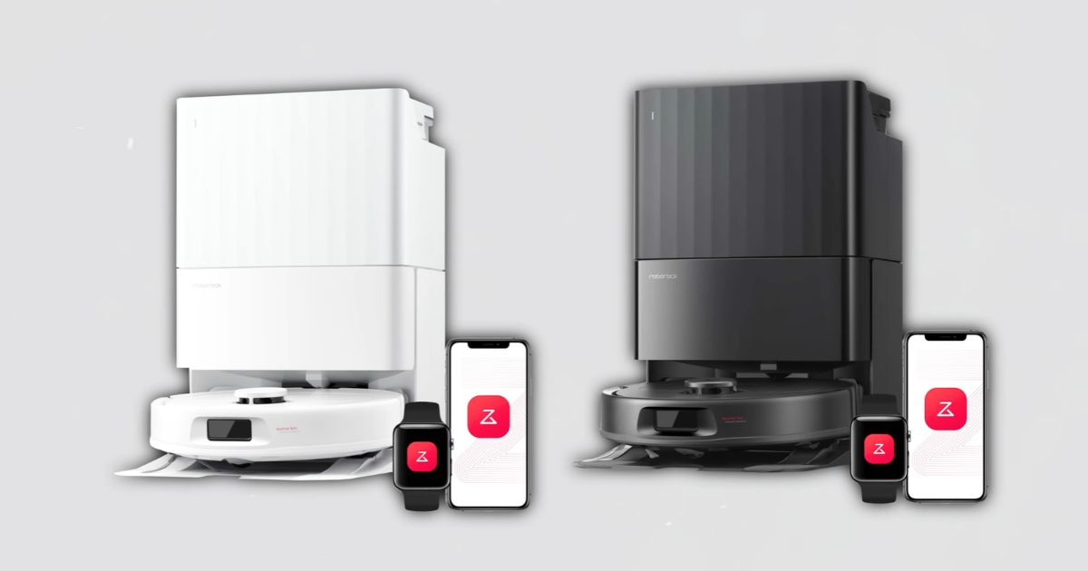 | Vacuum Wars Roborock Qrevo S Pro shown in white on the left and black on the right, each with its multifunction dock and Roborock app.