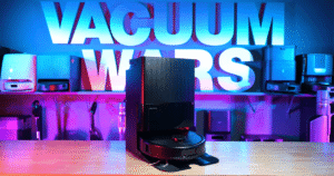 | Vacuum Wars Roborock Qrevo S Pro robot vacuum and multifunction dock displayed on a table at the Vacuum Wars studio.