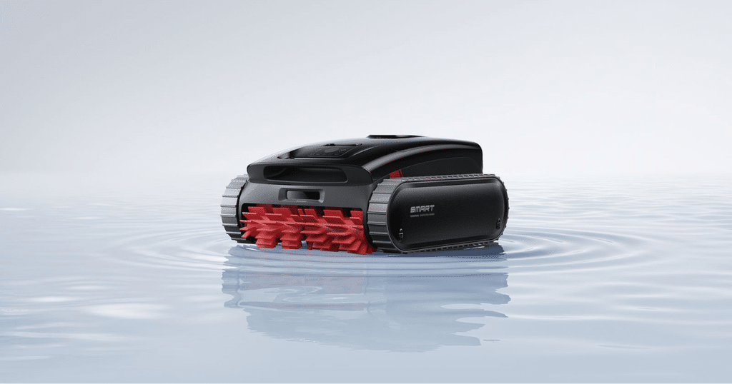Roborock RockAqua P1 | Vacuum Wars Black Roborock RockAqua P1 robotic pool cleaner with tank-style tracks and red scrub brushes positioned in shallow water.