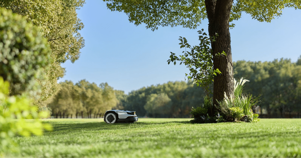 Roborock RockNeo Q2 LiDAR | Vacuum Wars Roborock RockNeo Q2 LiDAR robotic lawn mower traveling across a green lawn near a large tree in a landscaped yard.