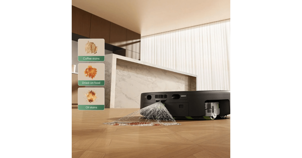 Roomba Plus 678 Combo SprayForce AI | Vacuum Wars Roomba Plus 678 spraying pressurized liquid onto a floor stain, with examples of coffee, dried-on food, and oil stains.