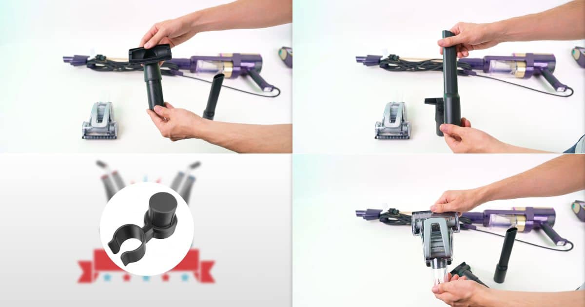| Vacuum Wars Shark PowerDetect Ultra-Light HZ4002 accessory set showing the 8-inch crevice tool, upholstery tool, pet power brush, and onboard storage clip being attached and demonstrated.