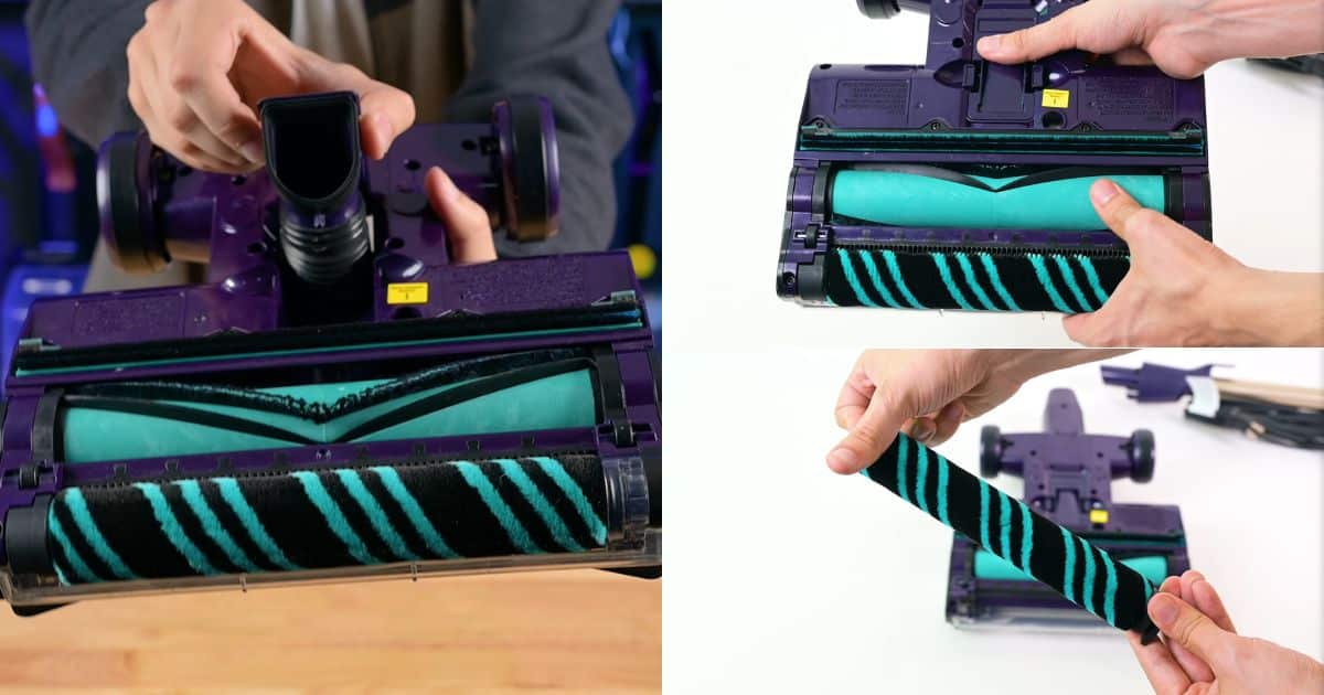 | Vacuum Wars Shark PowerDetect Ultra-Light HZ4002 DuoClean floorhead shown from underneath with the soft front roller and rear brushroll being removed for maintenance.