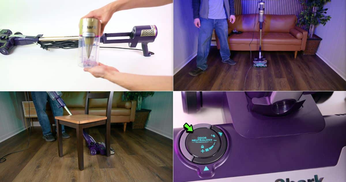 | Vacuum Wars Shark PowerDetect Ultra-Light HZ4002 shown with its removable dustbin, self-standing design, maneuvering around furniture, and Odor Neutralizer Technology dial.