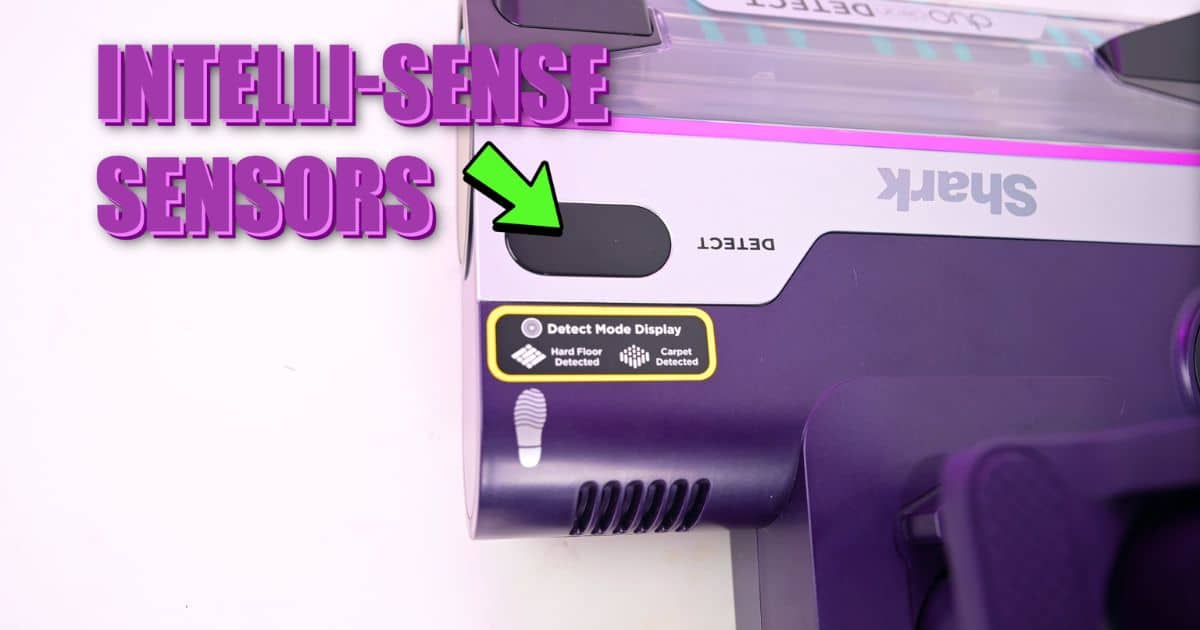 | Vacuum Wars Close-up of the Shark PowerDetect Ultra-Light HZ4002 Intelli-Sense sensor and Detect Mode display showing hard-floor and carpet detection.