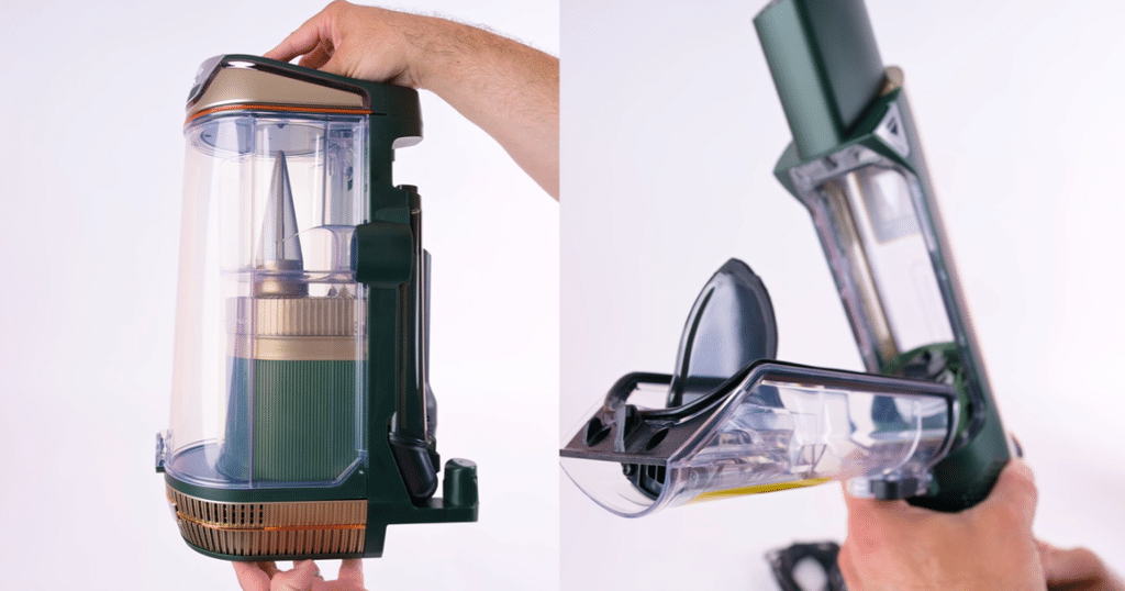 Shark Transformer PowerDetect two dustbins at Vacuum Wars | Vacuum Wars Side-by-side comparison of the Shark PowerDetect Transformer’s upright canister and smaller stick-mode dustbin.