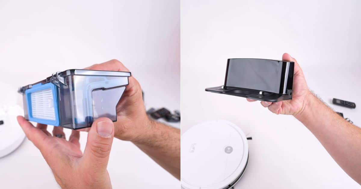 | Vacuum Wars ILIFE V2 removable dustbin with filter shown beside the robot vacuum’s compact charging dock.