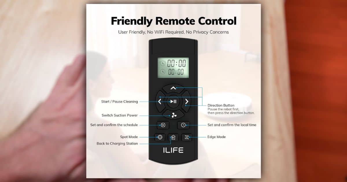 | Vacuum Wars ILIFE V2 remote control guide showing start and pause, suction power, scheduling, spot cleaning, edge cleaning, directional controls, return to charging station, and 00:00 time displays, with no Wi-Fi required.