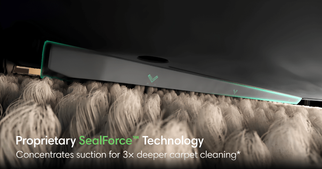 iRobot Roomba SealForce Technology | Vacuum Wars Close-up rendering of the Roomba Max 875 SealForce skirt forming a seal against carpet fibers.