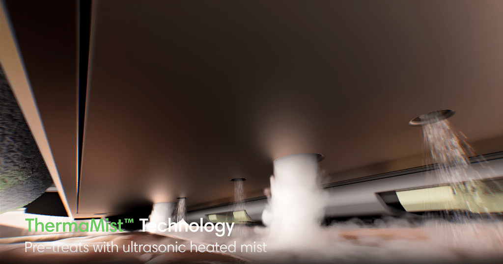 iRobot Roomba ThermaMistTechnology | Vacuum Wars Underside rendering of the Roomba Max 875 releasing ultrasonic heated mist ahead of its roller mop.