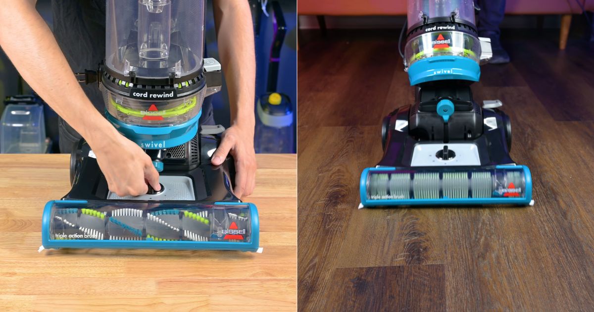 | Vacuum Wars Bissell CleanView Swivel Rewind Pet 2254 upright vacuum showing its adjustable floorhead height control and brush roll while cleaning a hard floor.