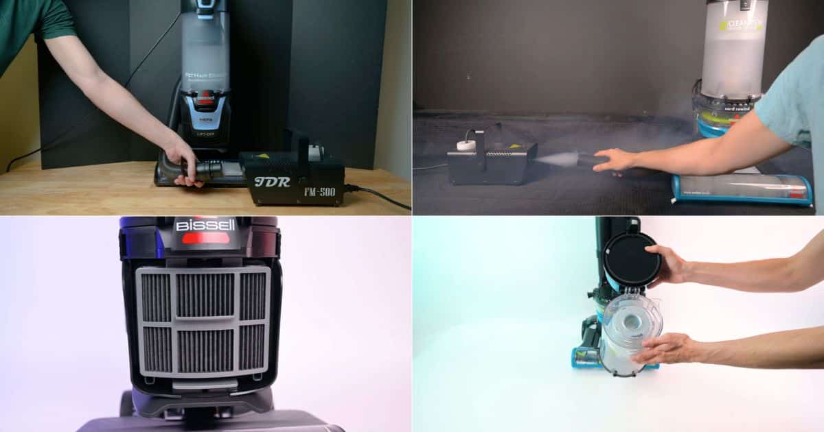 | Vacuum Wars Filtration comparison showing the Bissell Pet Hair Eraser 39883 passing Vacuum Wars’ fog test with sealed HEPA filtration, while the CleanView 2254 allows visible fog to escape.