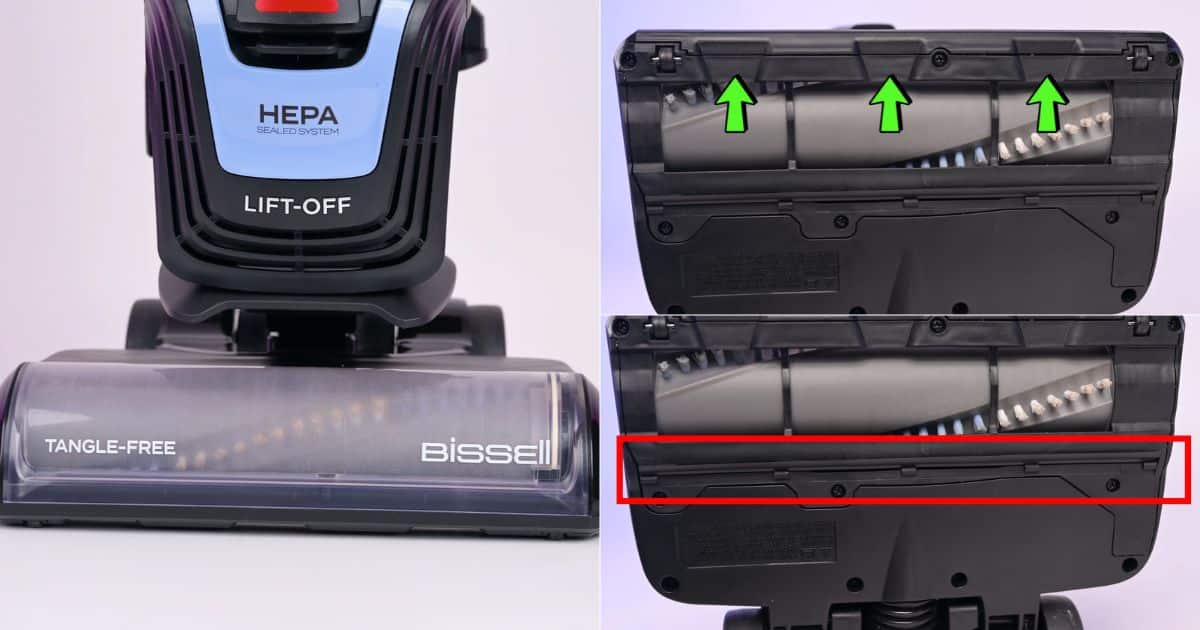 | Vacuum Wars Bissell Pet Hair Eraser Allergen Lift-Off 39883 floorhead showing its anti-tangle brush roll, three large front debris gates, and rear squeegee.