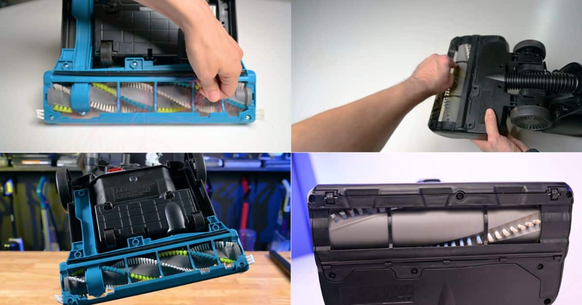 | Vacuum Wars Bissell CleanView 2254 brushroll shown in the top and bottom left, and Bissell Pet Hair Eraser 39883 anti-tangle brushroll shown in the top and bottom right during hair-tangle inspection.