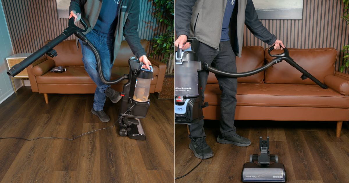 | Vacuum Wars Bissell Pet Hair Eraser 39883 shown using its hose and wand with the upright assembled on the left and its detachable Lift-Off canister on the right.