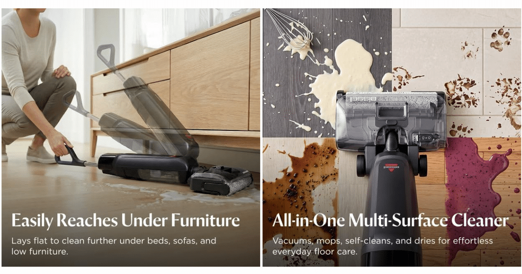 Bissell Crosswave Reach Features | Vacuum Wars Bissell CrossWave Reach lying flat beneath furniture, alongside a close-up of its floorhead with wet spills and dry debris.