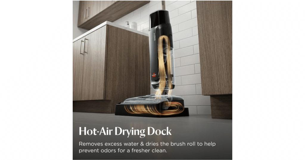 Bissell Crosswave Reach Plus Hot Air Drying | Vacuum Wars Bissell CrossWave Reach Plus on its hot-air drying dock, with illustrated airflow through the cleaner and around the brush roll.
