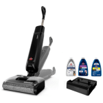 Bissell Crosswave Reach Plus Wet Dry Vacuum | Vacuum Wars Canister vacuum cleaner with floor nozzle attached, shown with two small cleaning bottles on the side as part of the kit image.