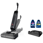 Bissell Crosswave Reach Wet Dry Vacuum | Vacuum Wars Canister vacuum with floor nozzle and wand, plus two blue cleaning solution bottles and a black storage case.