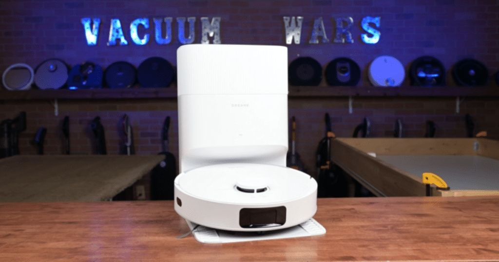 Dreame D20 Plus Auto Empty Dock at Vacuum Wars | Vacuum Wars Dreame D20+ robot vacuum and self-emptying dock at the Vacuum Wars testing studio.